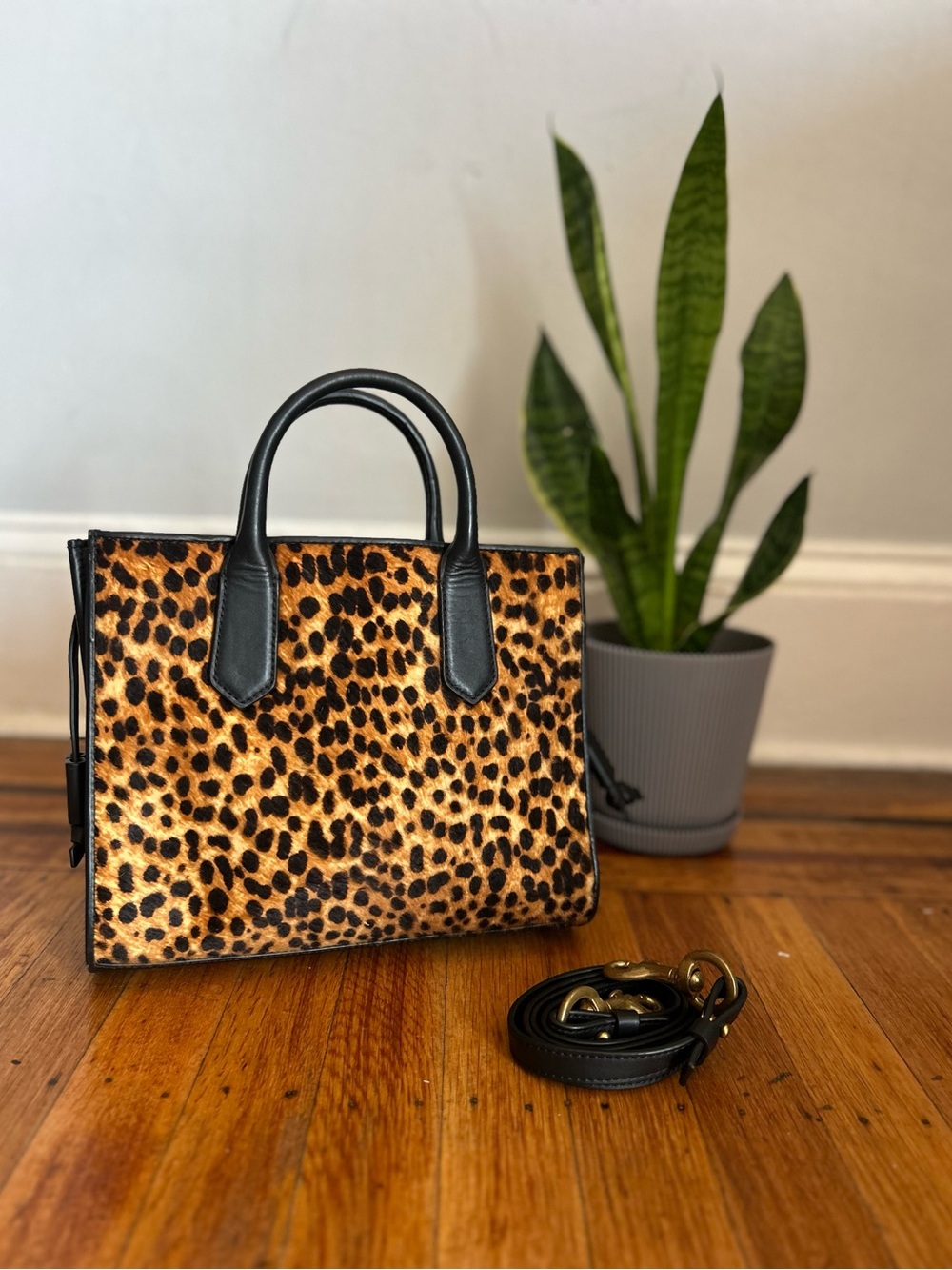 J. Crew Leather Calf Hair Mini Satchel Crossbody Leopard Print Purse